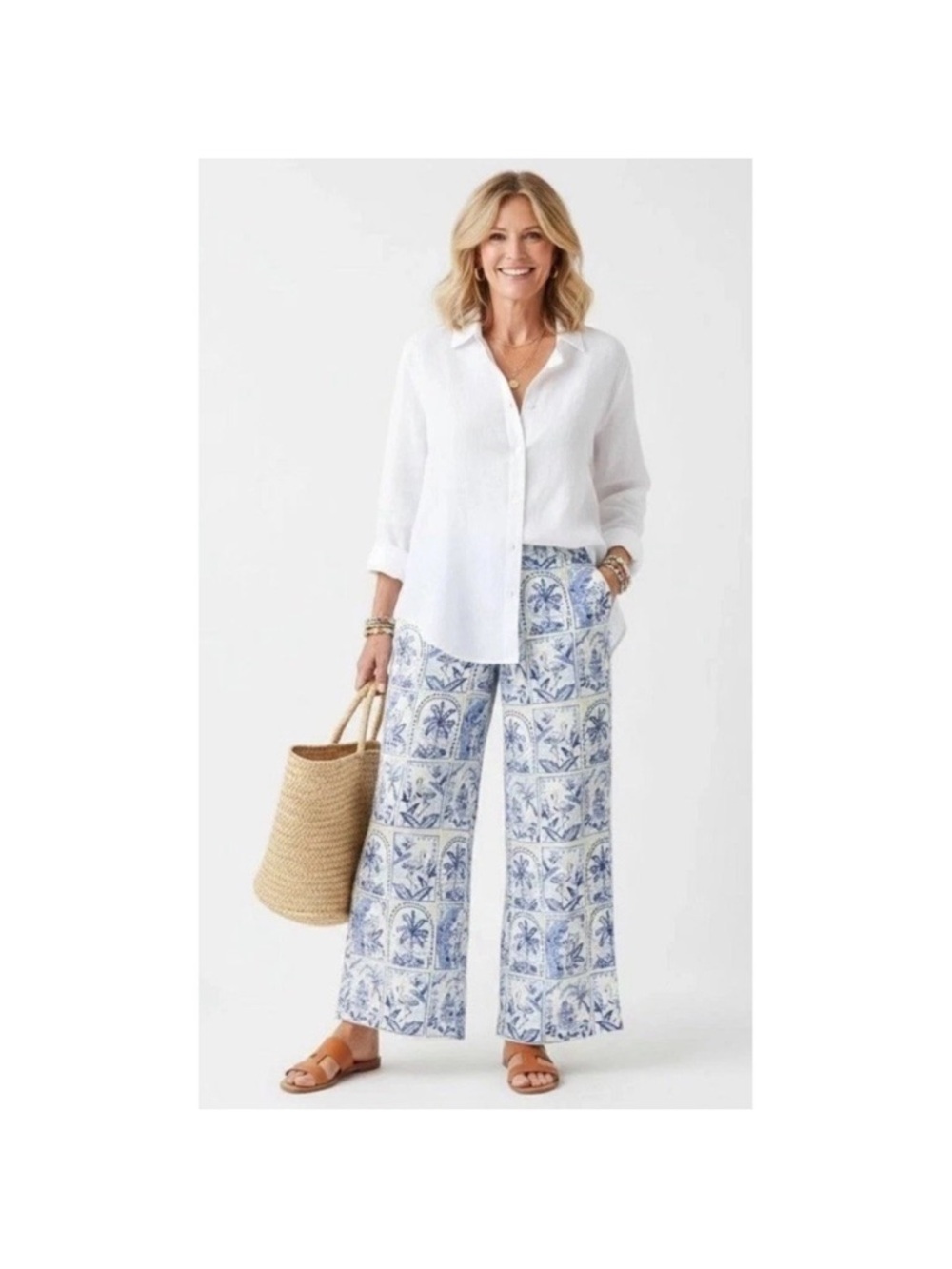 C&C California White Linen Top with Blue Tile-Print Detail